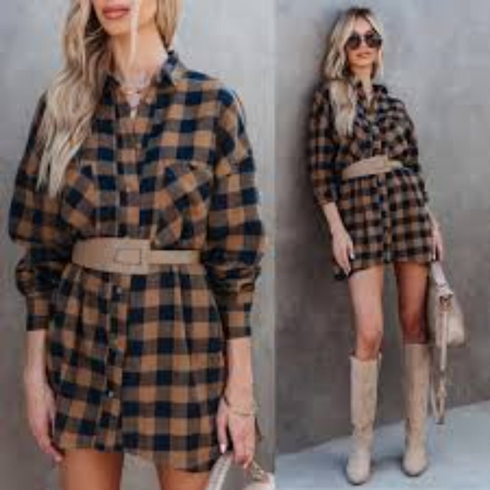 NWOT Hyfve Shirt Dress Womens L Tan Navy Blue Plaid Flannel Button Front Mini